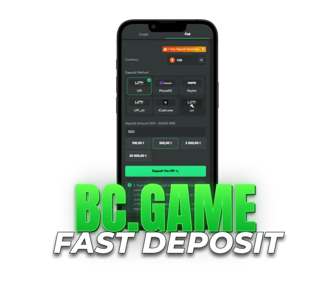 BC.GAME fast deposit with INR payment methods including UPI and mobile payment options.